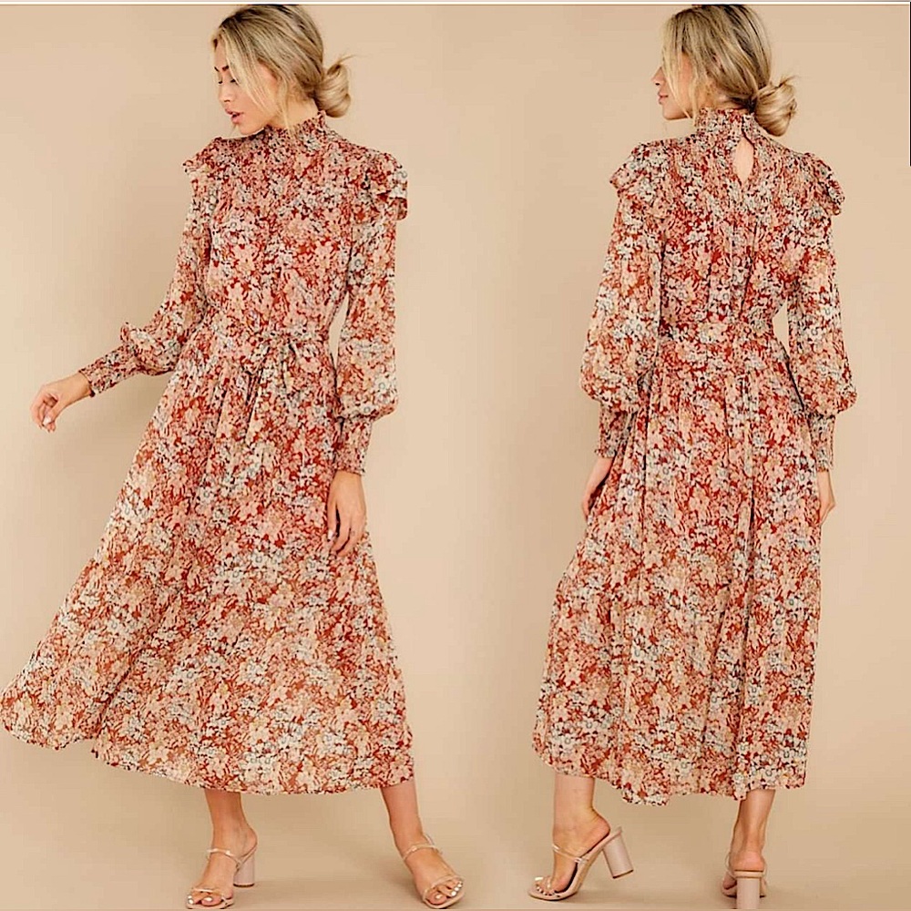 🧡MOODIE Prairie Peasant Rust Floral Gold Metallic Ruffle Dress Size M